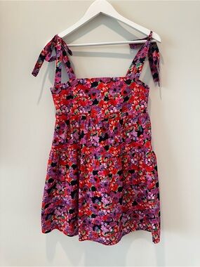 Miss Selfridge Petite Floral Poplin Smock Tie Strap Red Purple Mini Dress Pocket